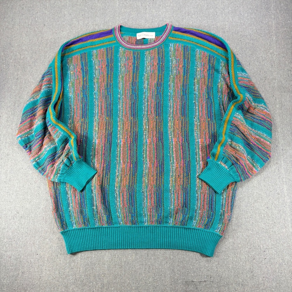Vintage St. Croix 90s Coogi Style 3D Textured Knit Sweater L Teal Multicolor USA